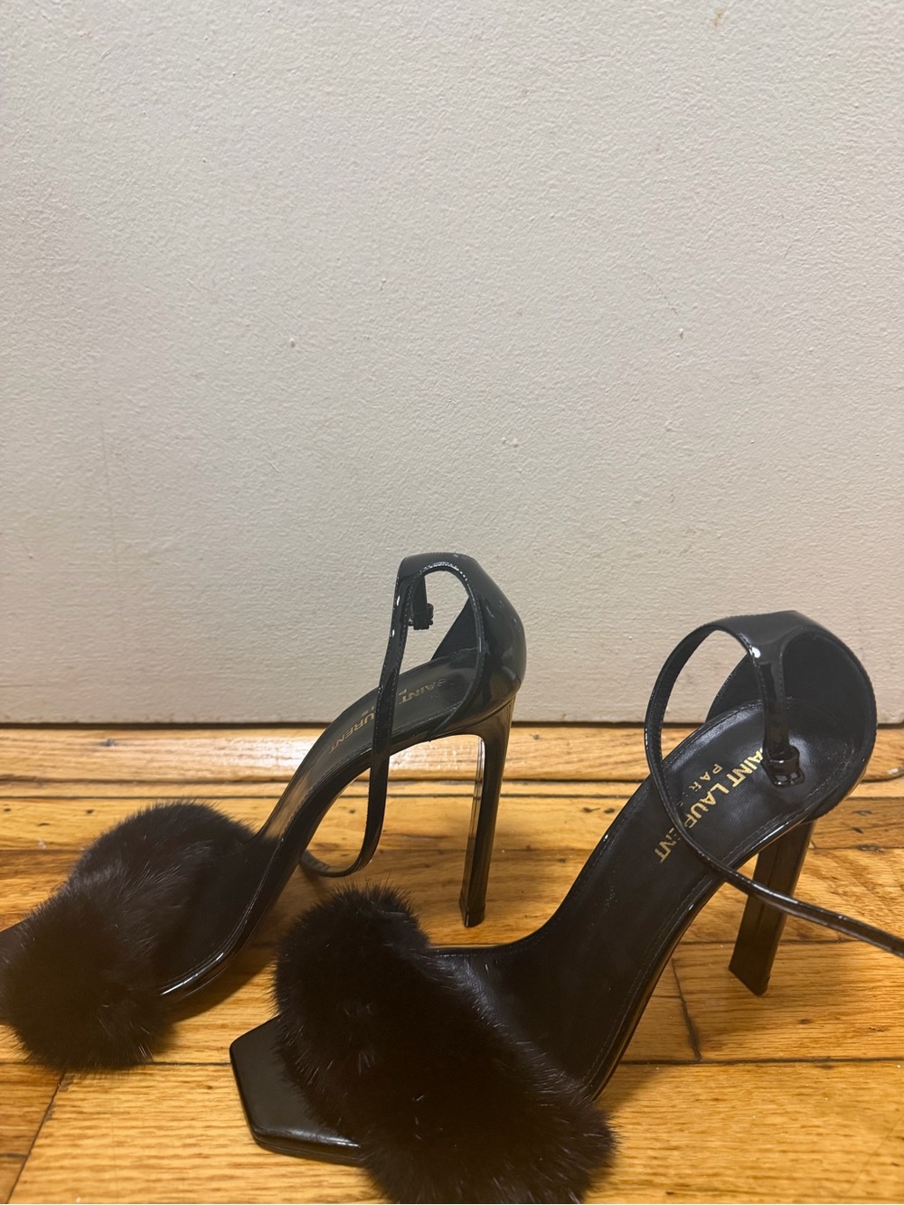 Saint Laurent Black Fur Ankle-Strap Heels - Picture 3 of 4